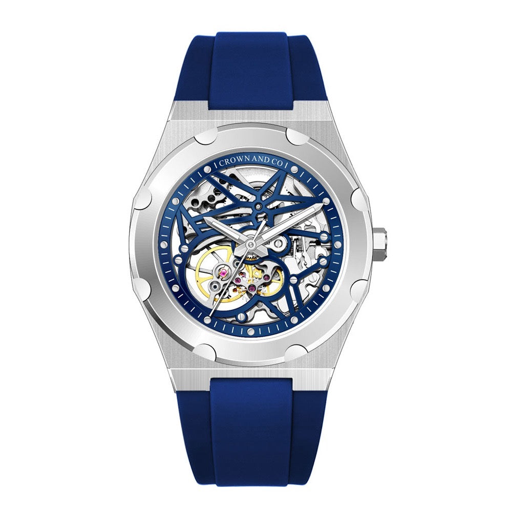 Crown Revolve skeleton blue dial 41| Blue Rubber strap
