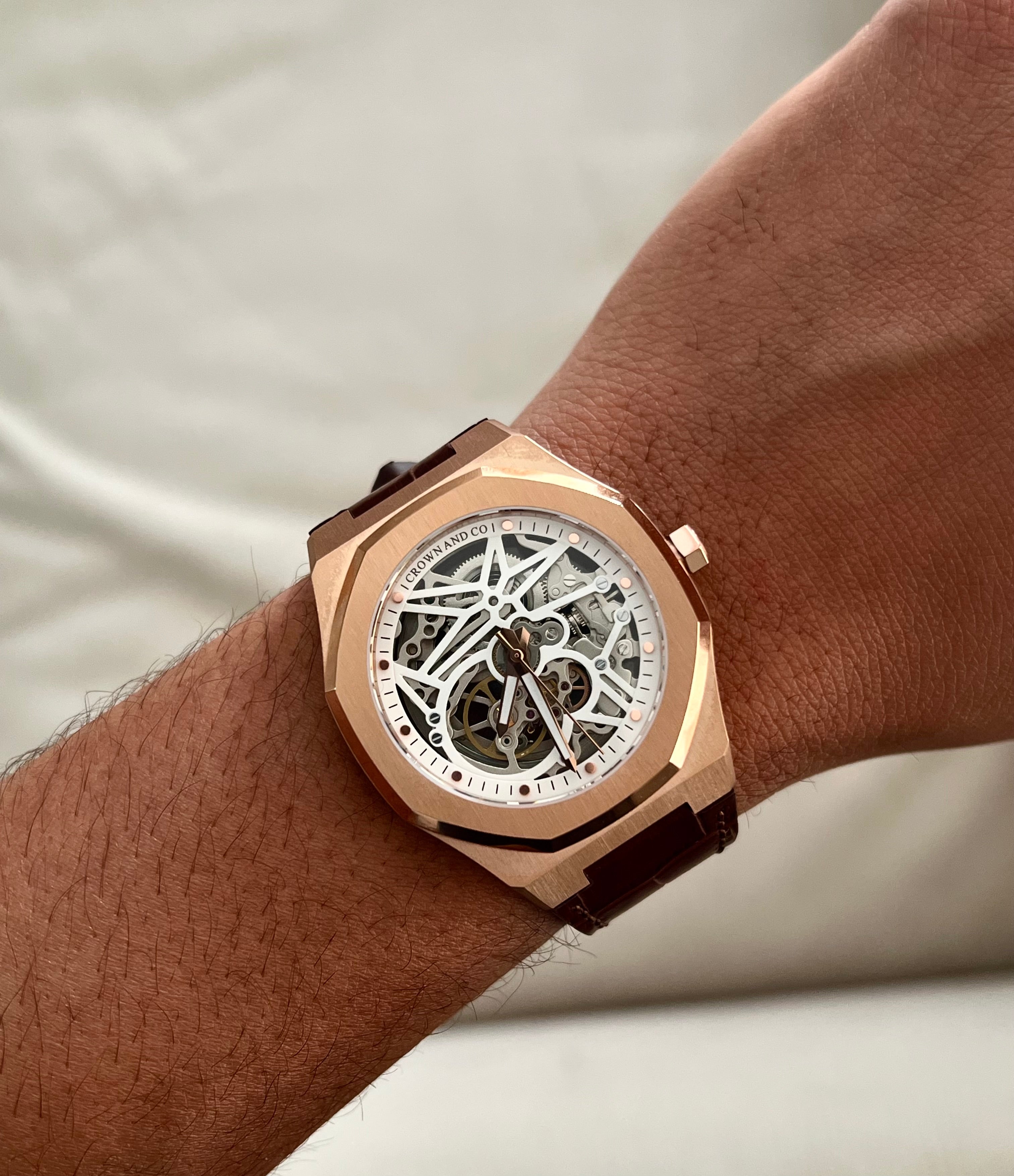 The Rose Skeleton Ocho series White dial 41 | Brown Leather strap