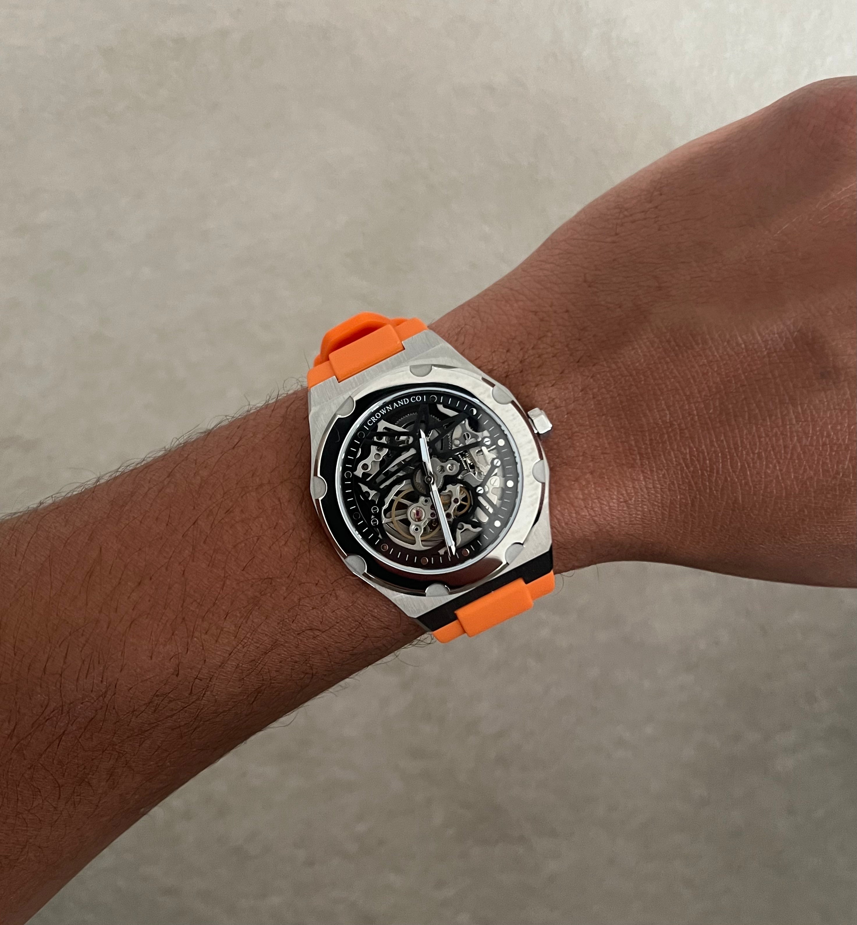 Crown Revolve skeleton black dial 41 | Orange rubber strap