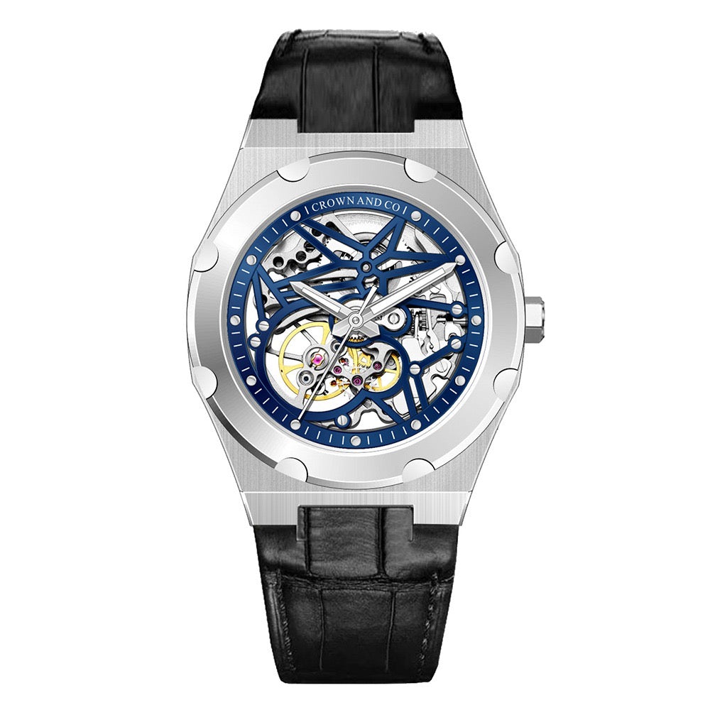 Crown Revolve skeleton blue dial 41 | Black Leather strap