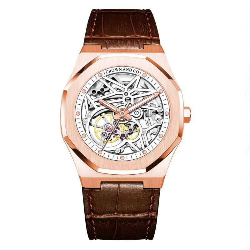 The Rose Skeleton Ocho series White dial 41 | Brown Leather strap