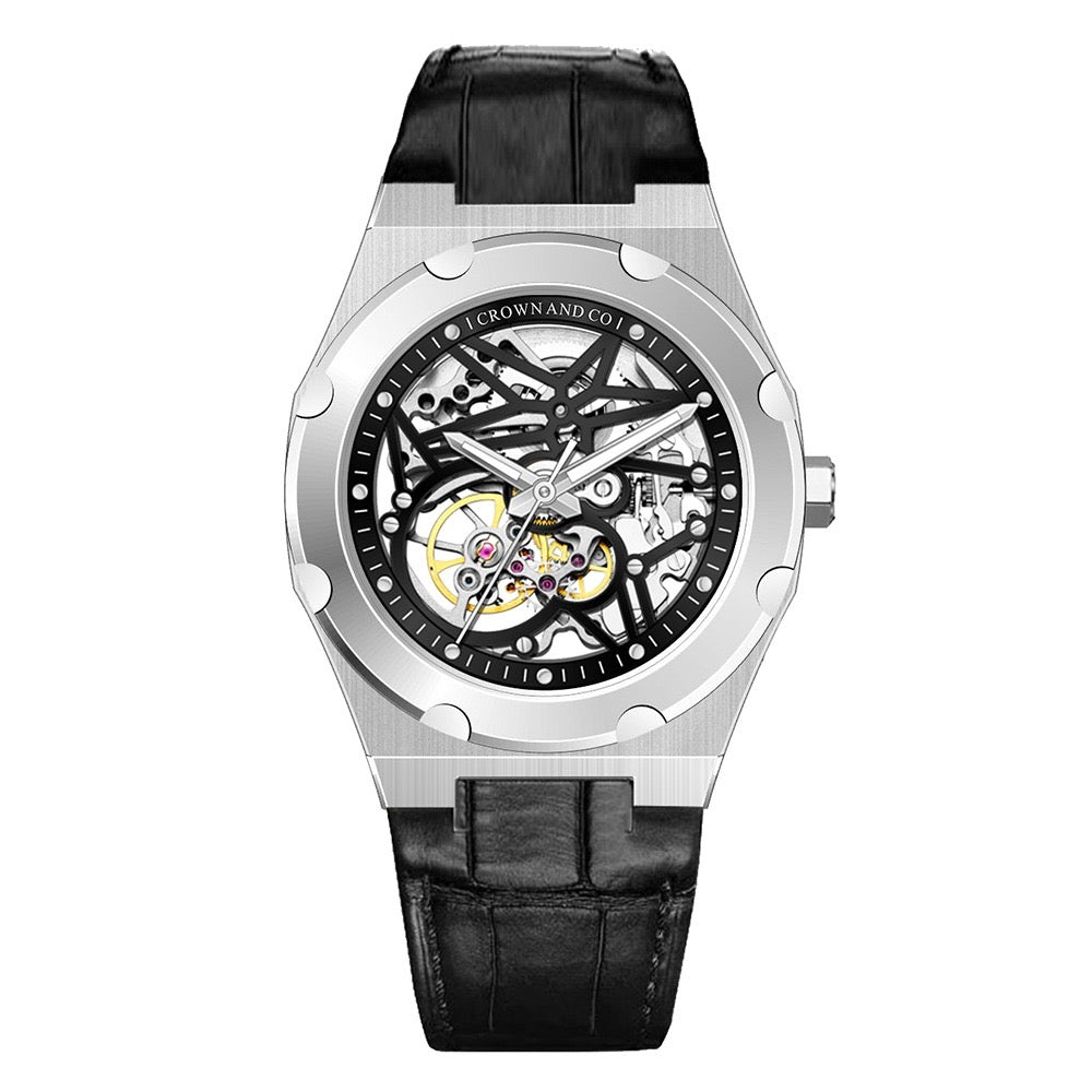 Roen ロエン　スカル　テーラード　ラインストーン　スワッグ　swag Crown Revolve skeleton black dial 41 | Black Leather strap