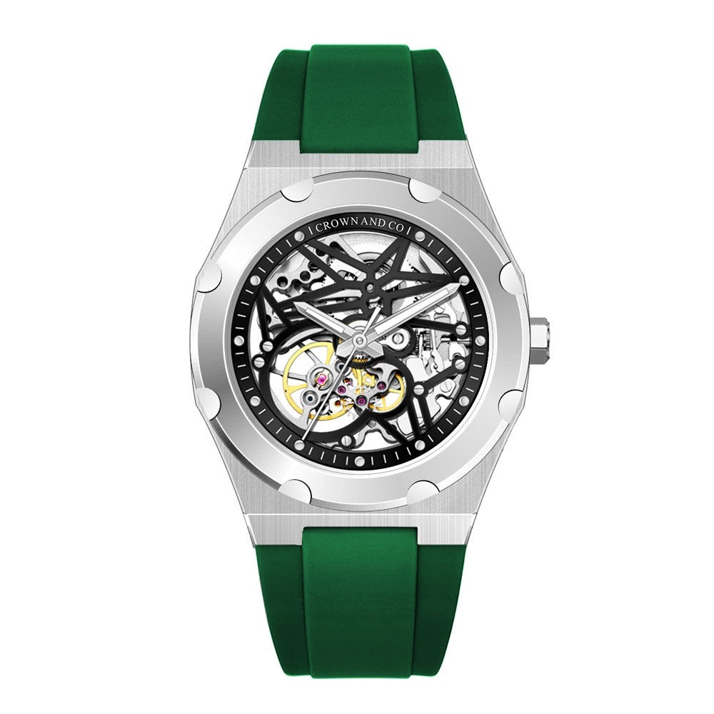 Crown Revolve skeleton black dial 41 | Green rubber strap