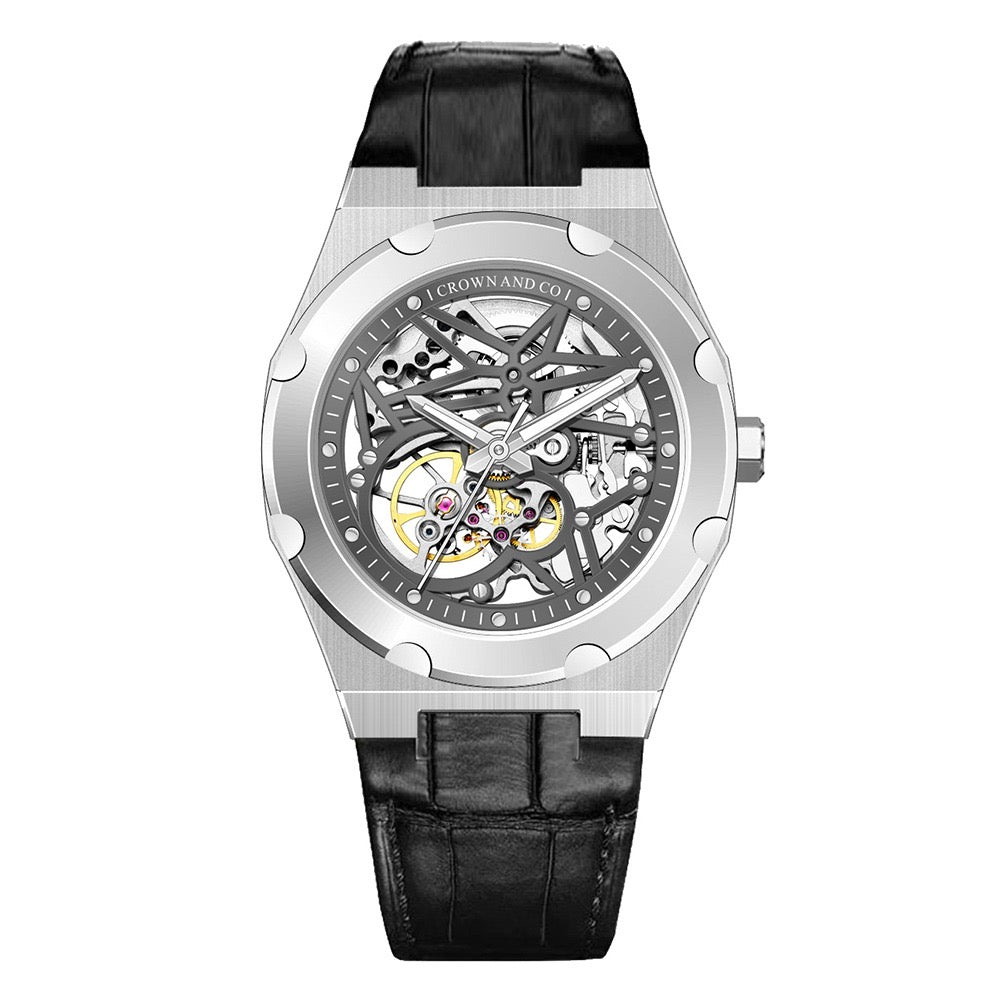 Crown Revolve skeleton grey dial 41 | Black Leather strap