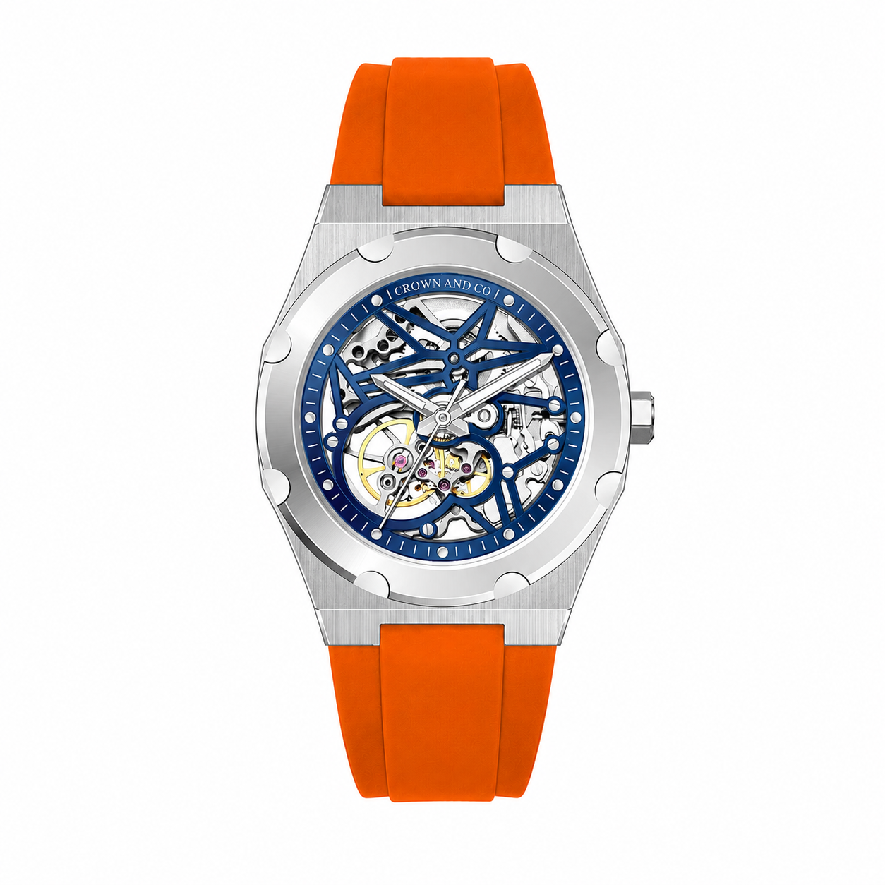 Crown Revolve skeleton blue dial 41 | Orange rubber strap
