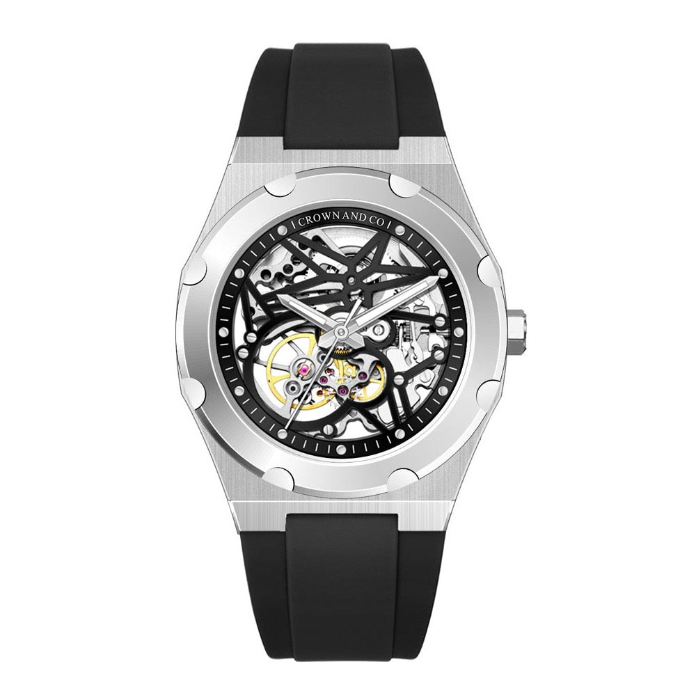 Crown Revolve skeleton black dial 41| Black Rubber strap